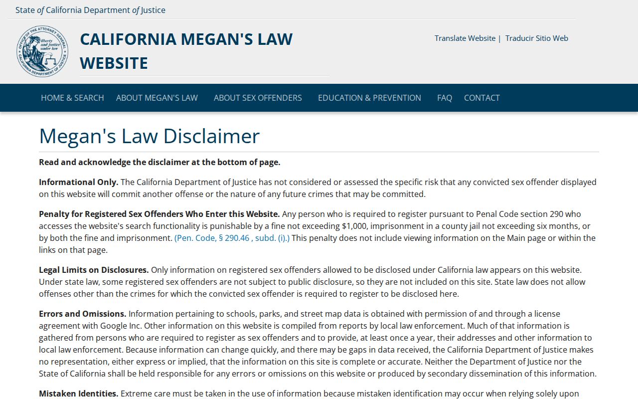 Richmond resident lookup view of the California Megan's Law registry