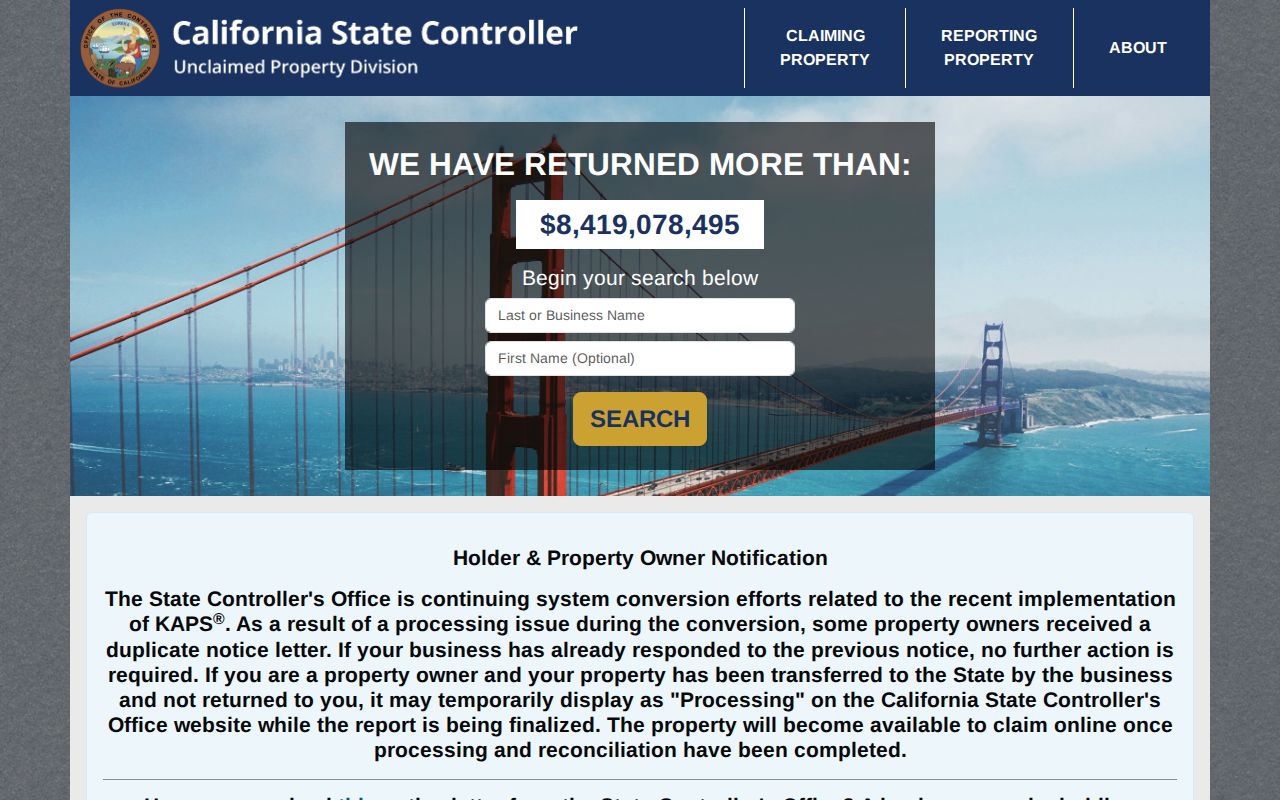 Richmond resident lookup view of California unclaimed-property search